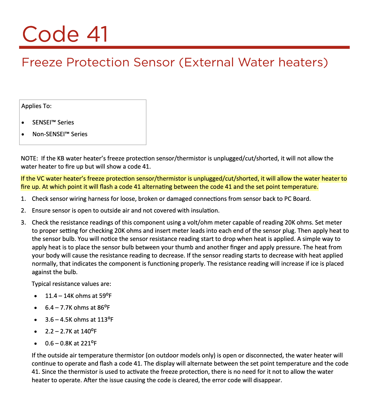 Code 41 page from Rinnai's diagnostic codes guide: Freeze Protection Sensor, with a highlighted note that the display alternates between code 41 and the set point temperature
