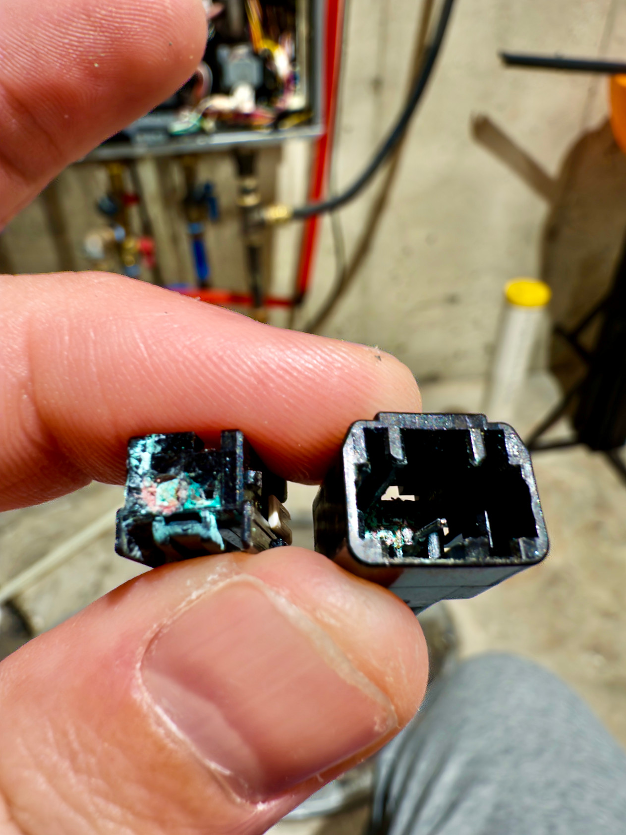 The two halves of the sensor's connector held between fingers, crusted with green and white corrosion